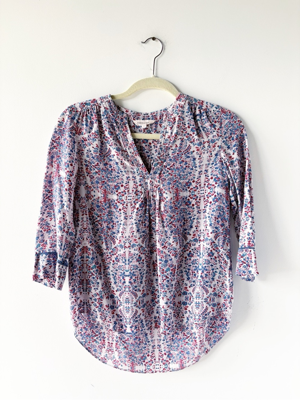 Rebecca Taylor Silk Floral Split V-Neck Blouse Boho 3/4 Sleeve Top Paisley 0